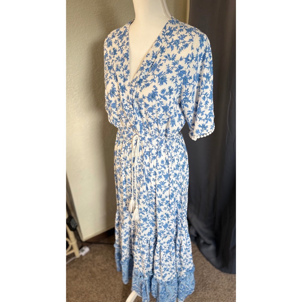R.Vivimos Blue White Floral Maxi Dress XL Boho Tiered Tassel Pom Pom Trim XL